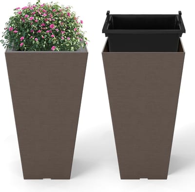 KOMFOTTEU Set van 2 bloembakken, plantenbakken van kunststof, bloempot met uitneembare binnenpot, weerbestendige plantenbakken, plantenpotten, sierpotten voor tuin, balkon, terras (29,5 x 29,5 x 57 cm)