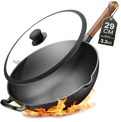 Gietijzeren wok met deksel – Geschikt voor inductie en alle soorten kookplaten – 29 cm voor 2–4 personen – Anti-aanbaklaag