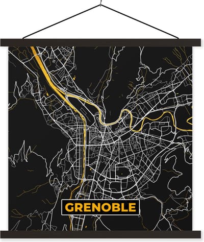 Posterhanger incl. Poster 60x60 cm - Schoolplaat - Grenoble – Plattegrond – Frankrijk – Kaart – Stadskaart - Textielposter - Zwarte latten - Stadskaart