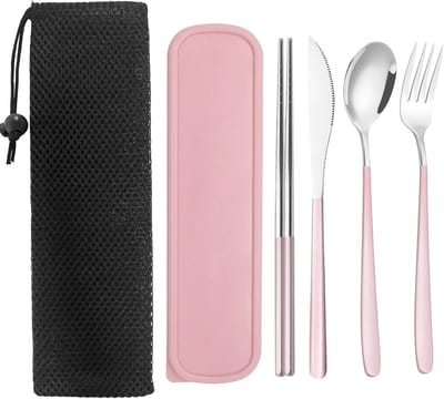 Roestvrijstalen bestekset met koffer- draagbare reis-lunchgebruiksvoorwerpen- herbruikbare vorklepel- mes eetstokjes set voor kantoor- school- reizen- kamperen- picknick- volwassenen