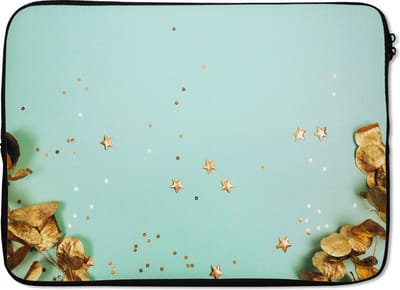 Laptophoes 13 inch - Gouden bladeren - Laptop sleeve - Binnenmaat 32x22,5 cm - Zwarte achterkant