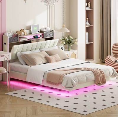 MEUNIQ gestoffeerd bed 140x200 cm met LED-verlichting, USB-aansluiting, opberghoofdbord en lattenbodem, tweepersoons bedframe voor slaapkamer, beige