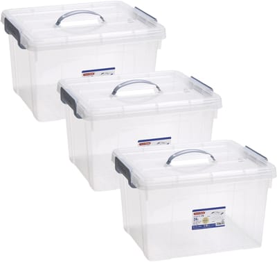 Plasticforte Opslagbox AZUL serie - 3x - met deksel - transparant - 24 liter - 42 x 36 x 25 cm - kunststof - opbergdoos - opbergen