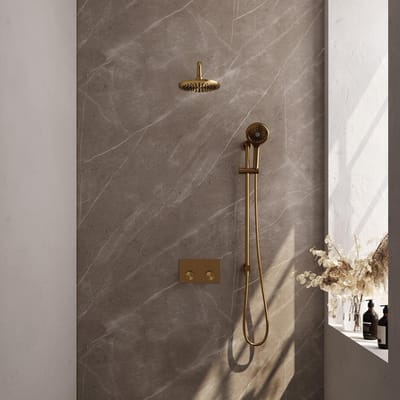 Brauer Gold Carving Thermostatische Regendoucheset Inbouw - Hoofddouche 20 cm - Gebogen Wandarm - Met Drukknoppen - Handdouche 3 Standen - Doucheslang - Geintegreerde Glijstang - Geborsteld Goud