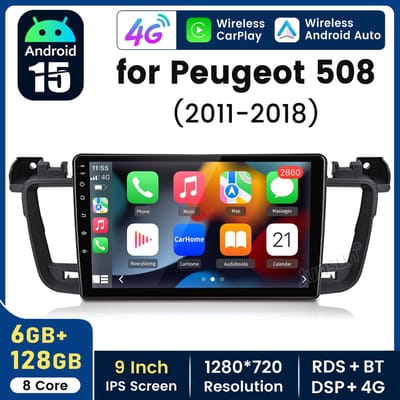 Junsun V2 PRO 6+128GB Android 15 autoradio Geschikt voor Peugeot 508 2011-2018 | Draadloze Carplay & Android Auto, GPS Navi, WIFI, BT, RDS FM, SWC, DSP, 4G LTE, Plug & Play, Parkeersensoren - Octa Core