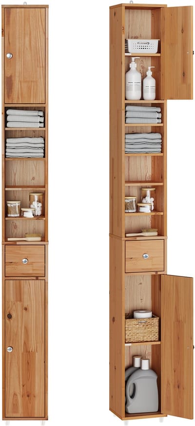 SoBuy Badkamerkasten hoog - Opbergkast met Verstelbare Planken en Lade - Kolomkast Badkamer - massief hout, 20x180x20cm, Houtkleur, BZR34-II-SH - voor Badkamer, Woonkamer, Slaapkamer