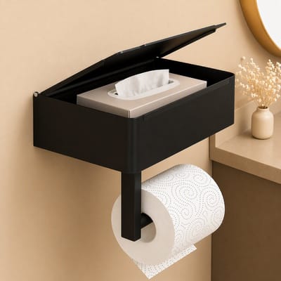 MIKEMADE Toiletrolhouder met Opbergvak voor Vochtige Doekjes – Zwart Staal – Wandmontage – Boren of plakken