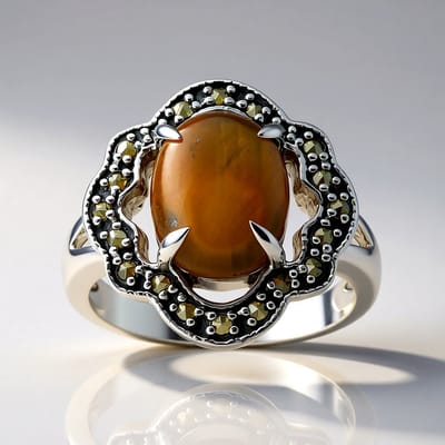 Cavill - Zilveren ring met natuurlijke tijgeroog 2,55 ct en marcasieten - 925 Sterling zilver - Ovale cabochon 10x8 mm - Elegant bloemblad ontwerp