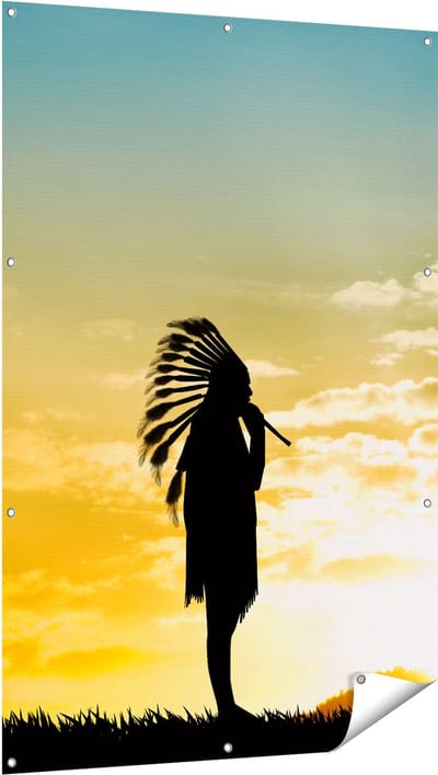 Gards Tuinposter Twee Silhouetten van Indianen bij Zonsondergang - 100x150 cm - Tuindoek - Tuindecoratie - Wanddecoratie buiten - Tuinschilderij