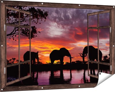 Gards Tuinposter Doorkijk Olifanten tijdens Zonsondergang - Silhouet - 150x100 cm - Tuindoek - Tuindecoratie - Wanddecoratie buiten - Tuinschilderij