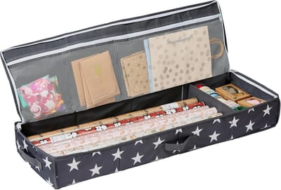 Famanu – Cadeaupapier opbergtas 90x30x12 cm – Ruime organizer met sterrendessin – Grijs