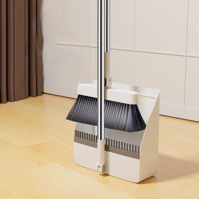 Balai debout pliable domestique avec dents, ensemble de pelle à poussière en plastique à poils souples blanc