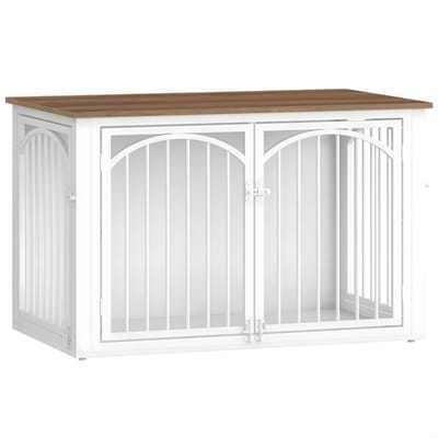 Hondenbench Meubel – Voor Middelgrote & Grote Honden – 100 cm Houten Hondenbox met 4 Deuren, Bijzettafel – Bruin/Wit