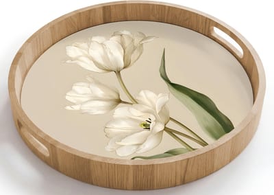Dienblad rond 40x40 cm - Schootdienblad hout - Tulpen - Wit - Bladeren - Borrelplank rechthoek - Plateau houten dienbladen
