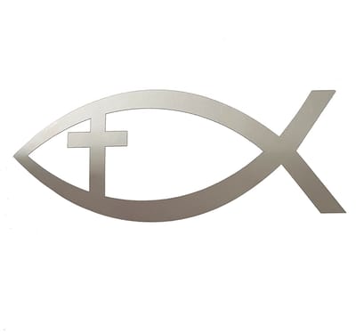 Ichtus vis met kruis sticker - 14x6cm - Zilver - topkwaliteit avery autoreclame folie
