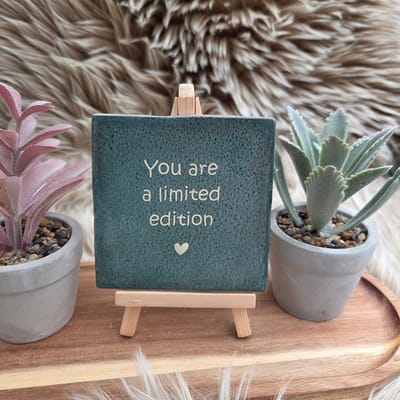 Robuust Wenstegeltje – You Are a Limited Edition – Hip trendy tegeltje – 10x10 cm – Uniek Cadeau voor Vriendin, Juf, Tante, Zus of Collega – Stijlvolle Woondecoratie met Boodschap – Trendy nu – Decoratief Tegeltje met Standaard – Cadeau Idee