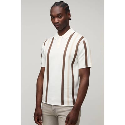 Tall Regular Fit Striped Knitted Polo T-Shirt | Ecru | Size XL
