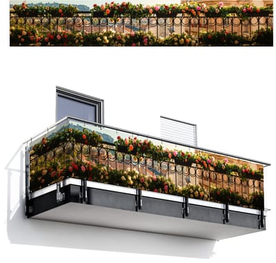 Balkonscherm 500x85 cm - Balkonposter Bloemen - Hek - Stadszicht - Zomer - Balkon scherm decoratie - Balkonschermen - Balkondoek zonnescherm