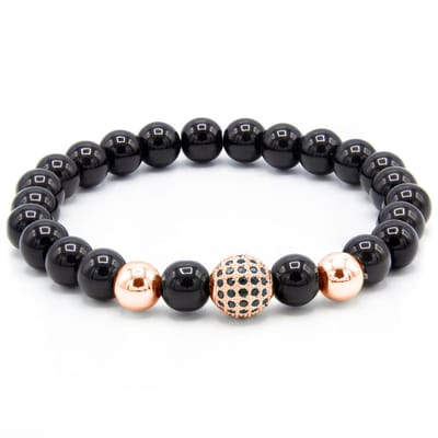 Victorious Natuurstenen Kralen Armband – Heren Armband – Dames Armband – Rosegouden Bol – Zwart – 19cm