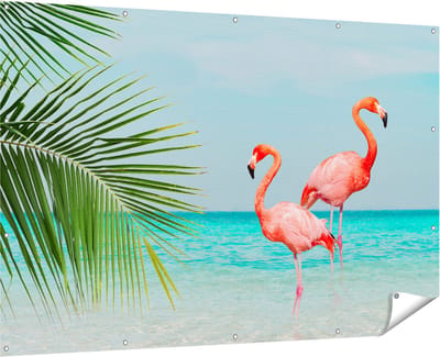 Gards Tuinposter Twee Flamingo's in het Water - 180x120 cm - Tuindoek - Tuindecoratie - Wanddecoratie buiten - Tuinschilderij
