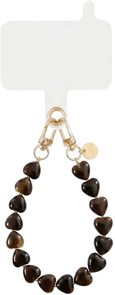 xoxo Wildhearts telefoonkoord met clip - Sweetheart Brown - Kort koord - Geschikt voor iPhone - Geschikt voor Samsung - Phone cord met koord clip - Easy Cord - Telefoonketting - Bruine hartjes ketting