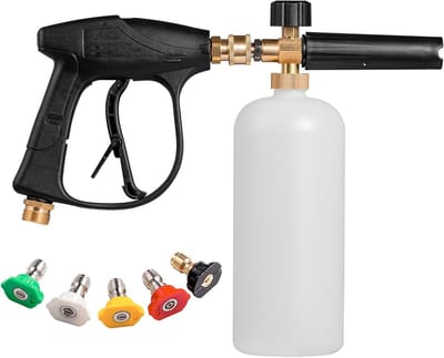 Professionele 1/4" Quick Release Foam Cannon voor Hogedrukreinigers - Inclusief 1L Fles, 5 Verstelbare Doppen en Ideaal voor Tuin en Auto Reiniging