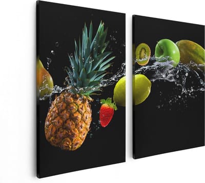 Artaza Canvas Schilderij Tweeluik Fruit Met Water Op Zwart Achtergrond - 80x60 - Foto Op Canvas - Canvas Print
