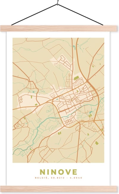 Posterhanger incl. Poster 40x60 cm - Schoolplaat - Ninove - Plattegrond - Vintage - Kaart - Stadskaart - Textielposter - Blanke latten - Stadskaart