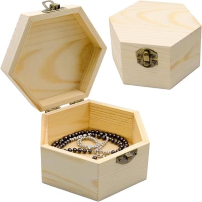 Set van 2 Houten Craft Boxen, Hexagonale Onbehandelde Sieradenbox, DIY Opbergdoos voor Decoratie, Ambachten en Trouwen - 13 x 7 x 6.3 cm