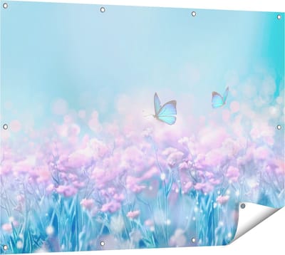Gards Tuinposter Twee Blauwe Vlinders bij Roze Bloemen - 120x90 cm - Tuindoek - Tuindecoratie - Wanddecoratie buiten - Tuinschilderij