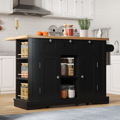 132cm Mobiele keukentafel, Landhuisstijl, Opklapbaar werkblad, Multifunctionele kast, Lade, Kruidenrek, Handdoekhouder, 5 wieltjes, Geïntegreerd stopcontact, Keuken/Eetkamer/Huis
