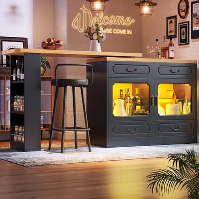 Ausziehbarer Bartisch met LED - 360° Draaibaar - Met Opbergruimte - Hoogte 92.8 cm - Inclusief LED Strip - MDF - Zwart