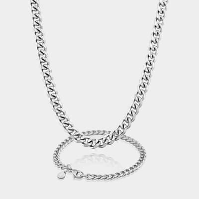 Cuban Ketting 7 mm x Cuban Armband 5 mm - Zilveren Schakelketting en Schakelarmband Heren - 50/19 cm lang - Olympus Jewelry