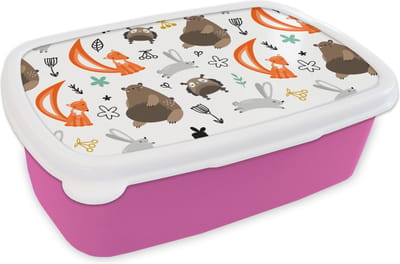 Broodtrommel Roze - Lunchbox - Brooddoos - Dieren - Bos - Patroon - 18x12x6 cm - Kinderen - Meisje