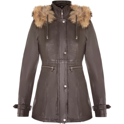 Dames warm leren parkajack met capuchon-Northwich