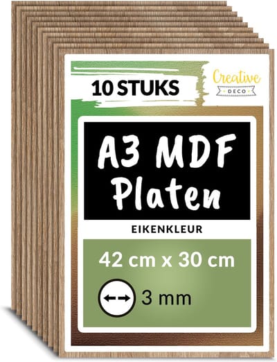 Creative Deco 10 x A3 MDF - Plaat Eiken| 420 x 300 x 3 mm | Perfect voor Lasersnijden, CNC - Frezen, Modelleren, Freeswerk, Figuurzagen