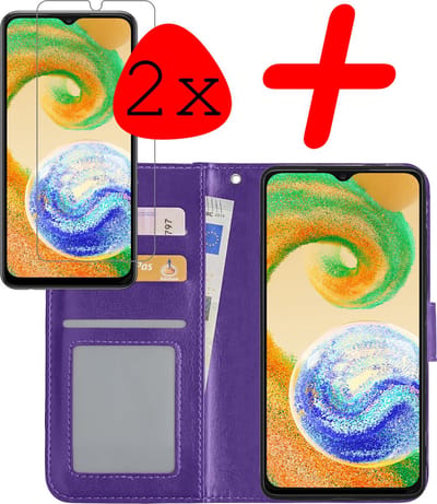 Hoesje Met 2x Screenprotector - Geschikt voor Samsung Galaxy A04s - Luxe Pasjeshouder - Bookcase Portemonee - Flip Case - Kunstleer Book Case - Flipcase Hoes - Book Cover - Walletcase - Portemonneehoes - Paars
