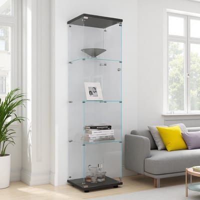 Zwarte Glazen Vitrinekast met 4 Legplanken & Slot - Explosieveilig Glas, voor Verzameling, Sieraden en Trofeeën, 164x42.5x36.5 cm