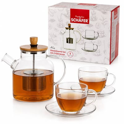 Glazen Theepot met Filter met theeglazen set - Borosilicaatglas - Theekan - Theepot Glas - Teapot - Tea Maker - 1.6 Liter