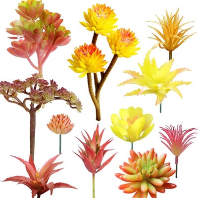 11-delige Set Kunstmatige Succulenten in Geel en Rood - Faux Planten voor Thuisdecoratie, Binnen en Tuin