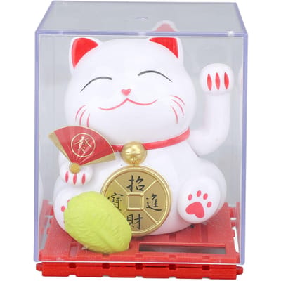Chat porte-bonheur Feng Shui, alimenté par l'énergie solaire, pour la décoration de la maison, du bureau ou de la voiture white
