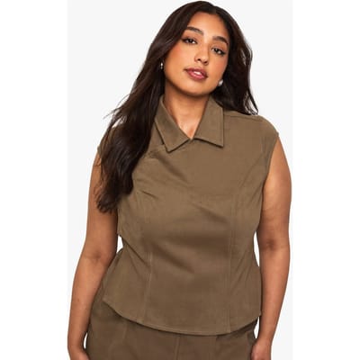 boohoo Dames Plus katoenen twill top met capmouwen en wrap-over ontwerp | Kaki | Maat: 44
