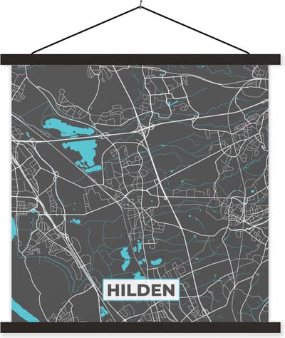 Posterhanger incl. Poster 60x60 cm - Schoolplaat - Blauw – Duitsland – Plattegrond – Stadskaart – Kaart – Hilden - Textielposter - Zwarte latten - Stadskaart