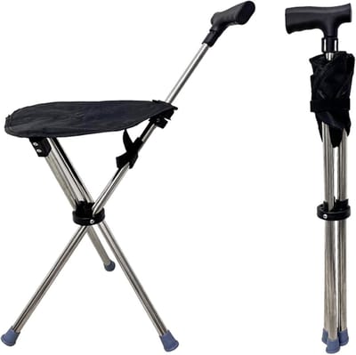 Wandelstok met Zitje - Aluminium - Lichtgewicht - Klapstoel - Tot 150 kg - Orthopedische Wandelstokken met Drie Poten - 2IN1 - Zwart