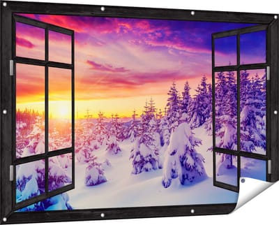 Gards Tuinposter Doorkijk Zonsondergang in het Sneeuw Bos - 150x100 cm - Tuindoek - Tuindecoratie - Wanddecoratie buiten - Tuinschilderij