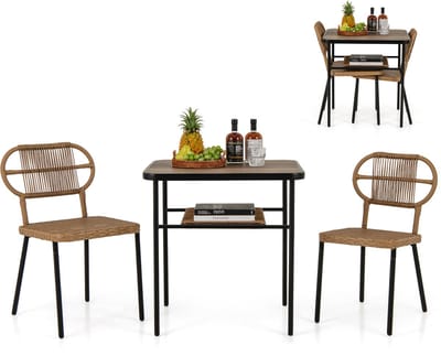 COSTWAY 3-delige tuinmeubelset, balkonmeubel met 2 rotanstoelen en eettafel, rotan terrasmeubel, ruimtebesparend, zitgroep outdoor voor terras, balkon, tuin