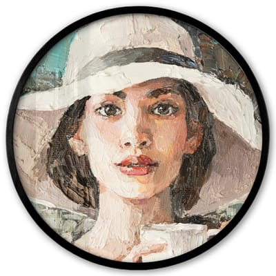 Poster in lijst Rond - Fotolijst 40x40 cm - Posters - Schilderij - Olieverf - Vrouw - Koffie - Hoed - Ronde posterlijst zwart - Decoratie - Wanddecoratie woonkamer - Muurdecoratie slaapkamer