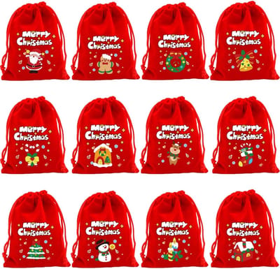 Kerst Cadeauzakjes - Geschenkzakjes - Adventskalender Zakjes - Snoepzakjes - Kerstverpakking - Uitdeelzakjes - Met Trekkoord - Herbruikbaar - Rood - Kerstman - Sneeuwpop - Rendier - Cadeautasjes - Kerstversiering - Feestdagen - Set van 12