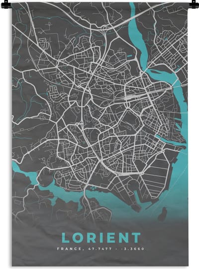 Wandkleed - Wanddoek - Stadskaart - Plattegrond - Kaart - Frankrijk - Lorient - 120x180 cm - Wandtapijt