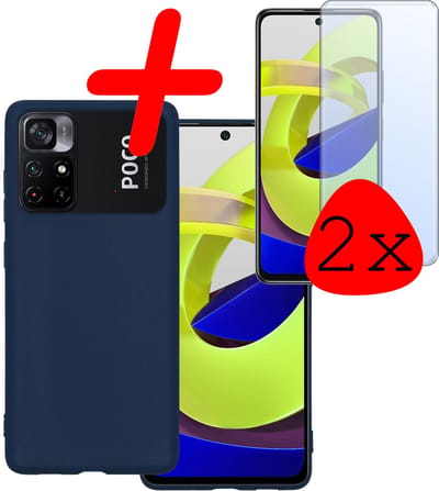 Hoesje Met 2x Screenprotector - Geschikt voor Xiaomi Poco M4 Pro 5G - Sterk & Shockproof - Back Cover - Siliconen Case - Telefoon Hoes - Donkerblauw